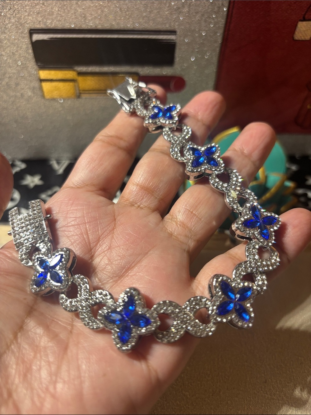 7” Silver Bracelet with Blue Crystal Floral Accents